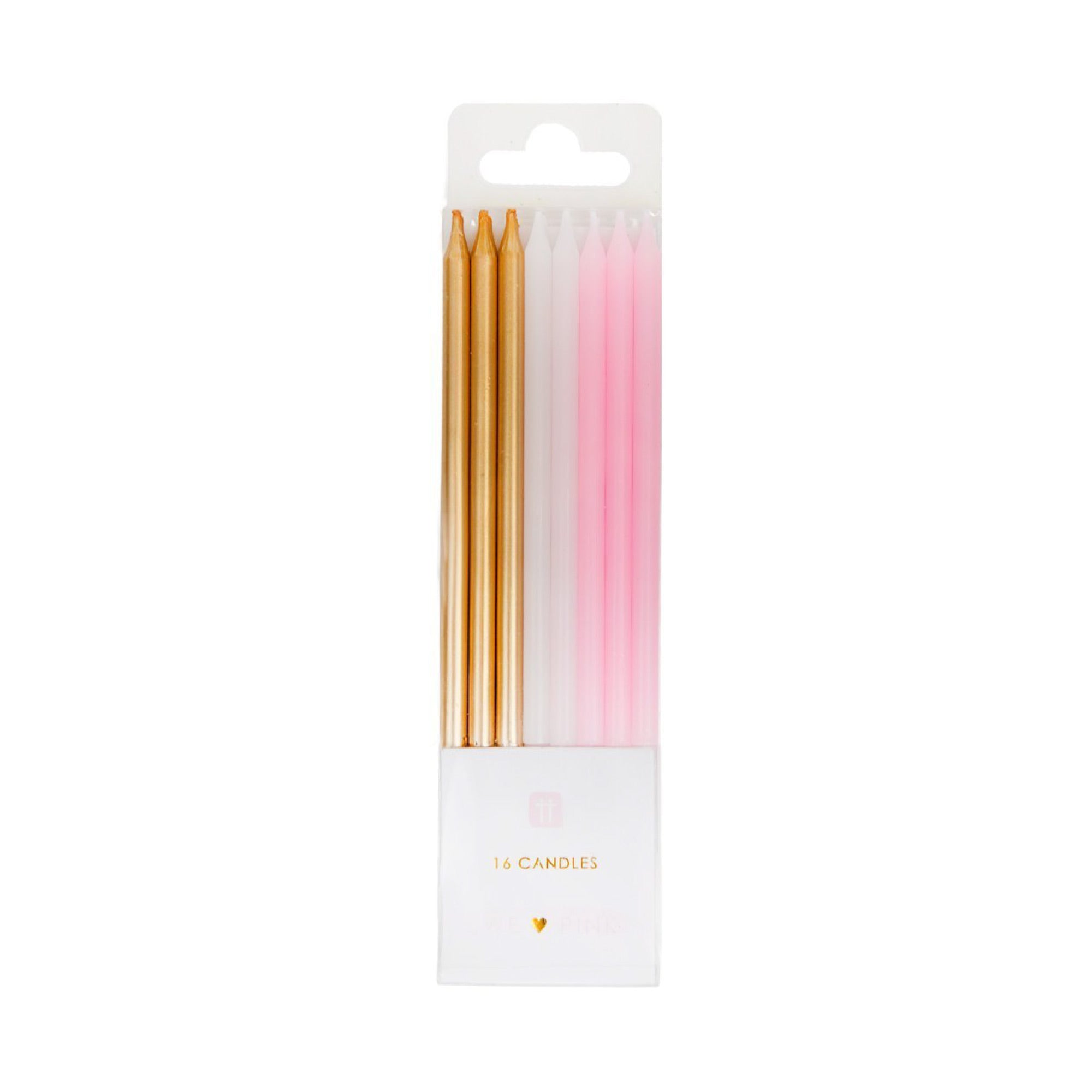 Pink, Gold, & White Tall Birthday Candles 16ct