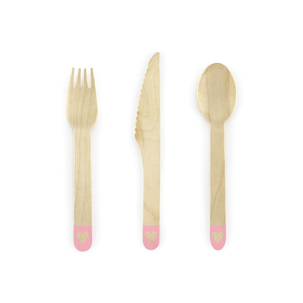 Pink Heart Wooden Cutlery Set For 6