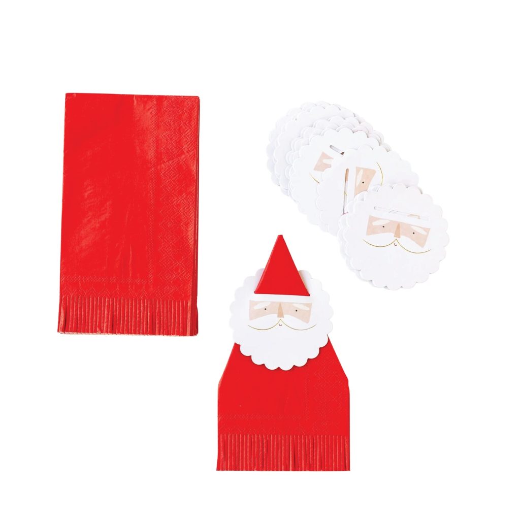 Santa Napkin Rings & Red Fringe Paper Guest Towels 18ct