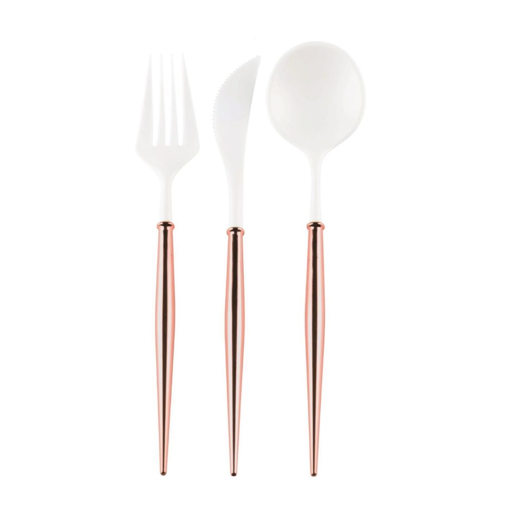 Rose Gold & White Plastic Cutlery Set For 8