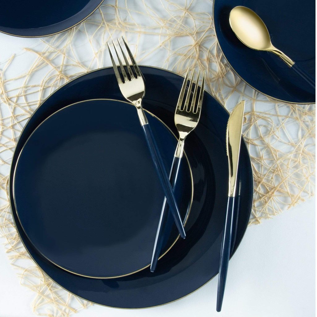 Navy & Gold Rim Plastic Dinner Plates 10ct