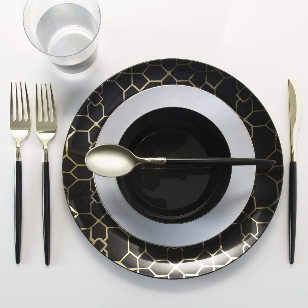 Black With Gold Rim Plastic Dessert Plates 10ct