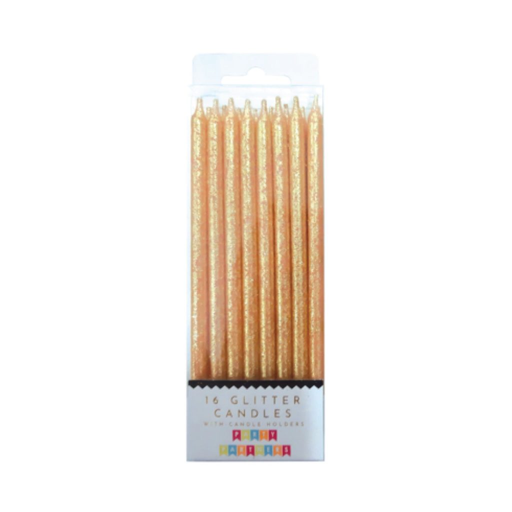 Tall Gold Glitter Birthday Candles 16ct