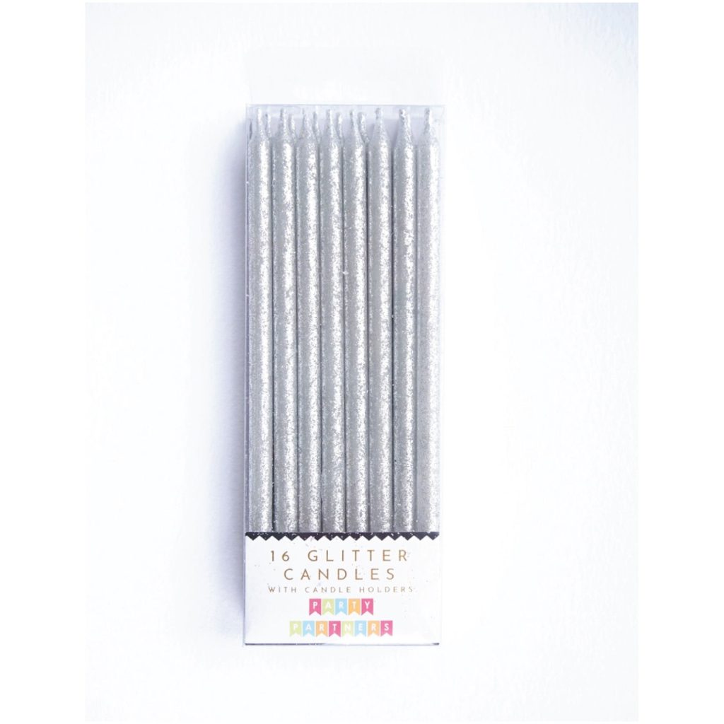 Tall Silver Glitter Birthday Candles 16ct