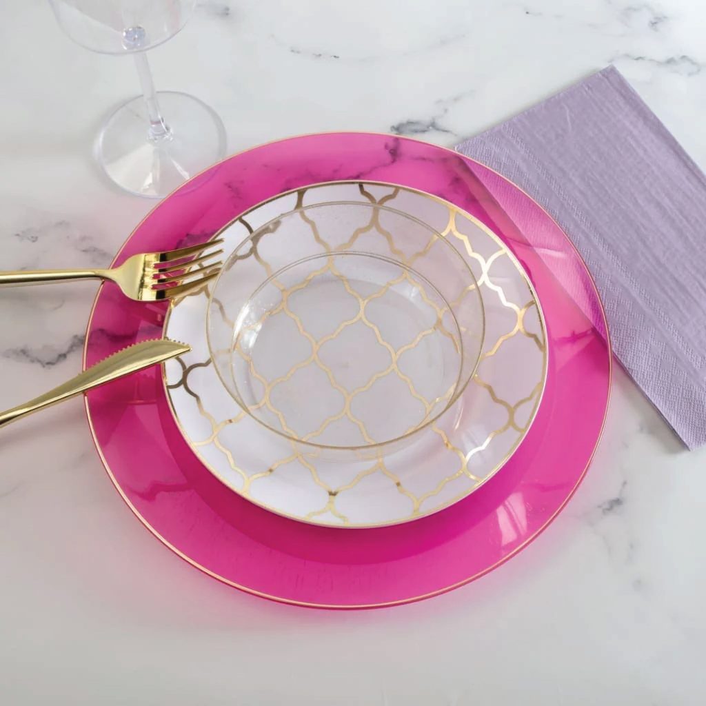 Transparent Hot Pink & Gold Rim Plastic Dinner Plates 10ct