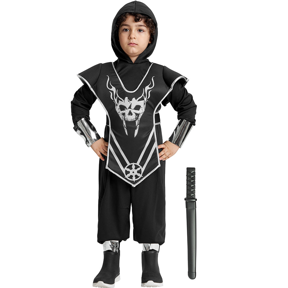 Boys Black Ninja Costume Jumpsuit Katana Cape Set
