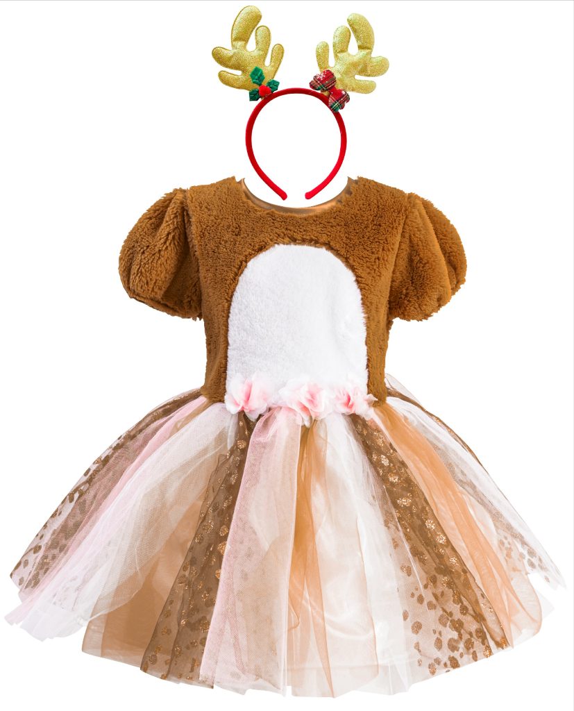 Girls Christmas Deer Elf Costume Dress Headband Set