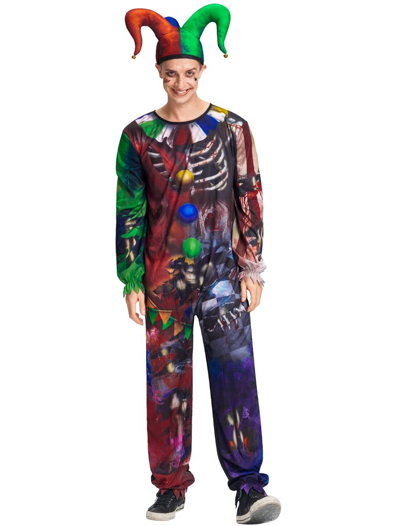 Men Skeleton Clown Jumpsuit Hat Set Halloween Costume