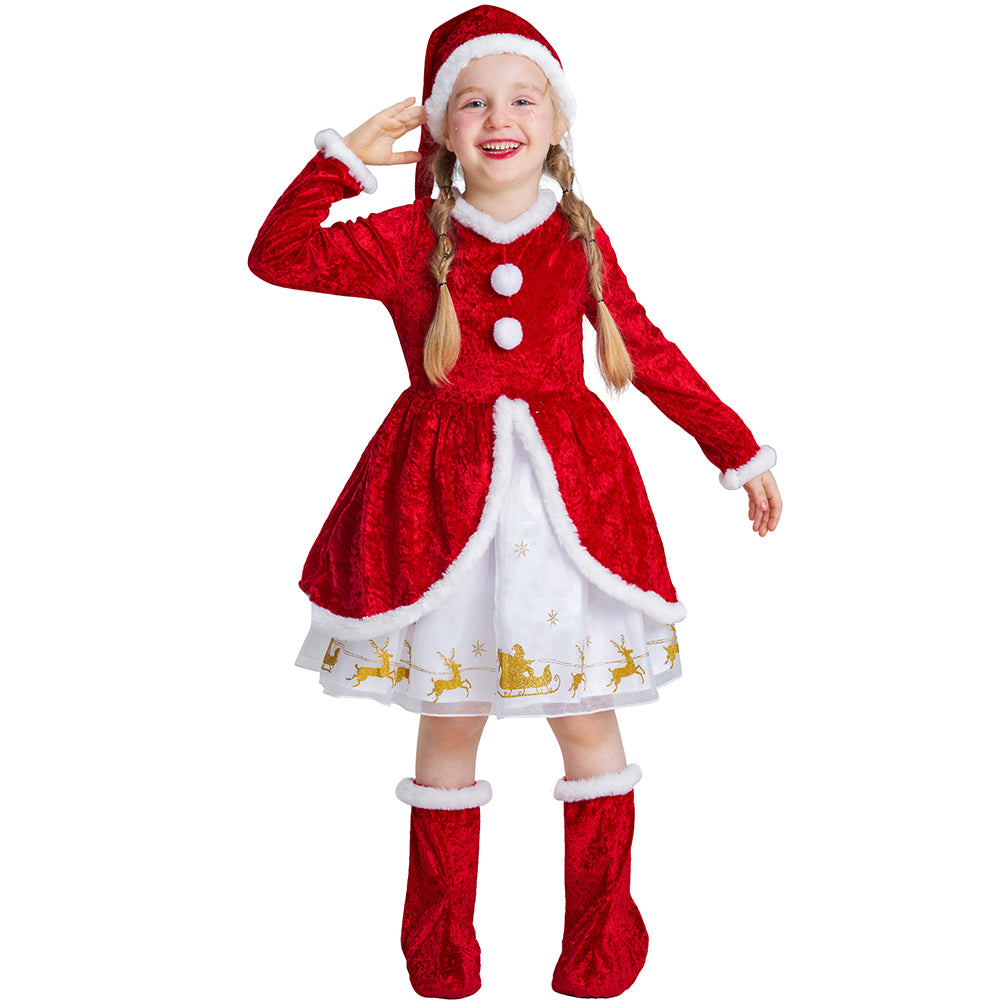 Girls Christmas Costume Dress Hat Shoe-Covers Set