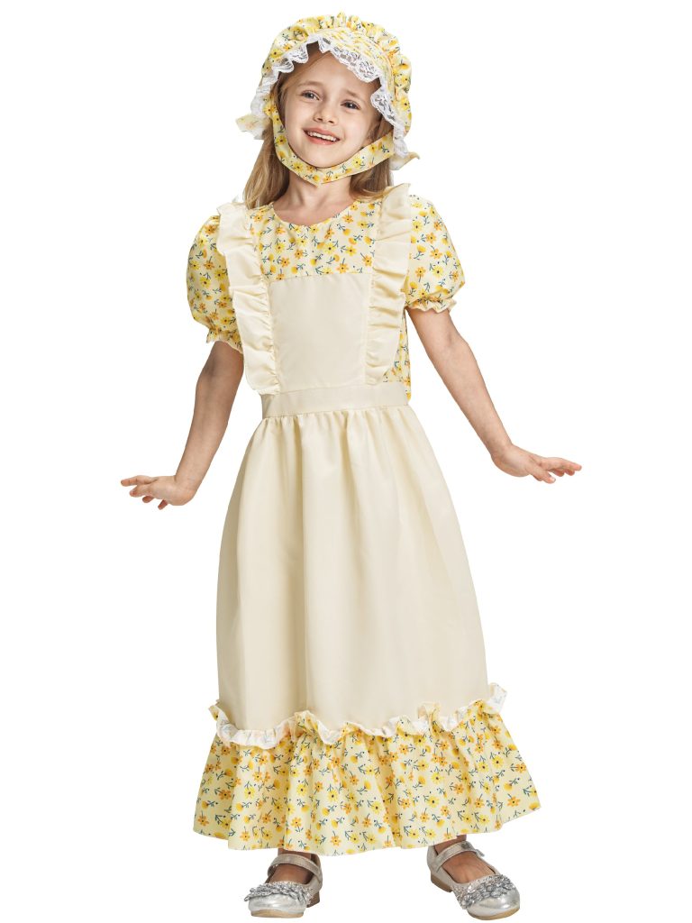 Girls Pioneer Dress Bonnet Set Halloween Costume Yellow