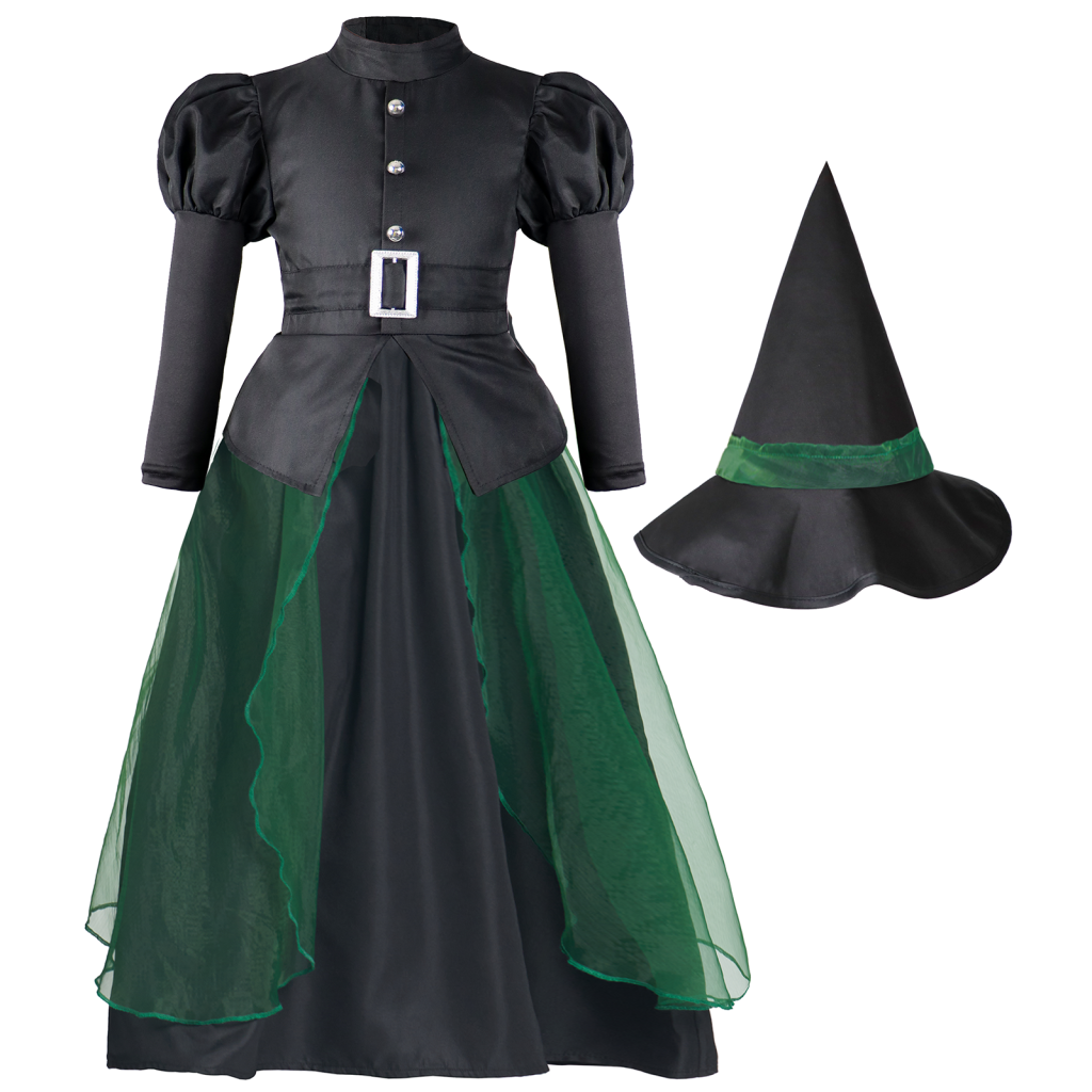 Girls Green Witch Dress Hat 2 Pcs Costume