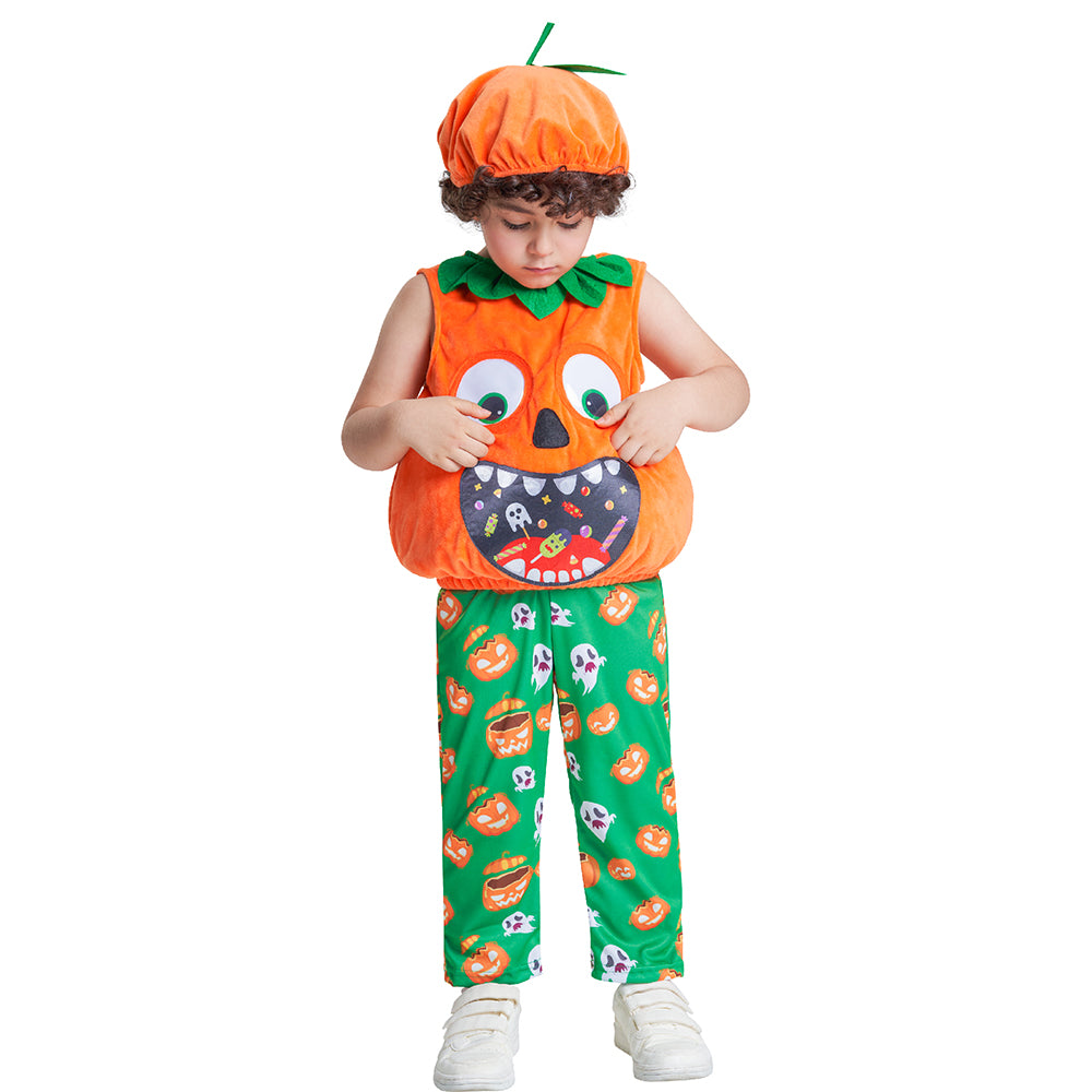 Baby Toddlers Pumpkin Costume Top Trousers Hat Set