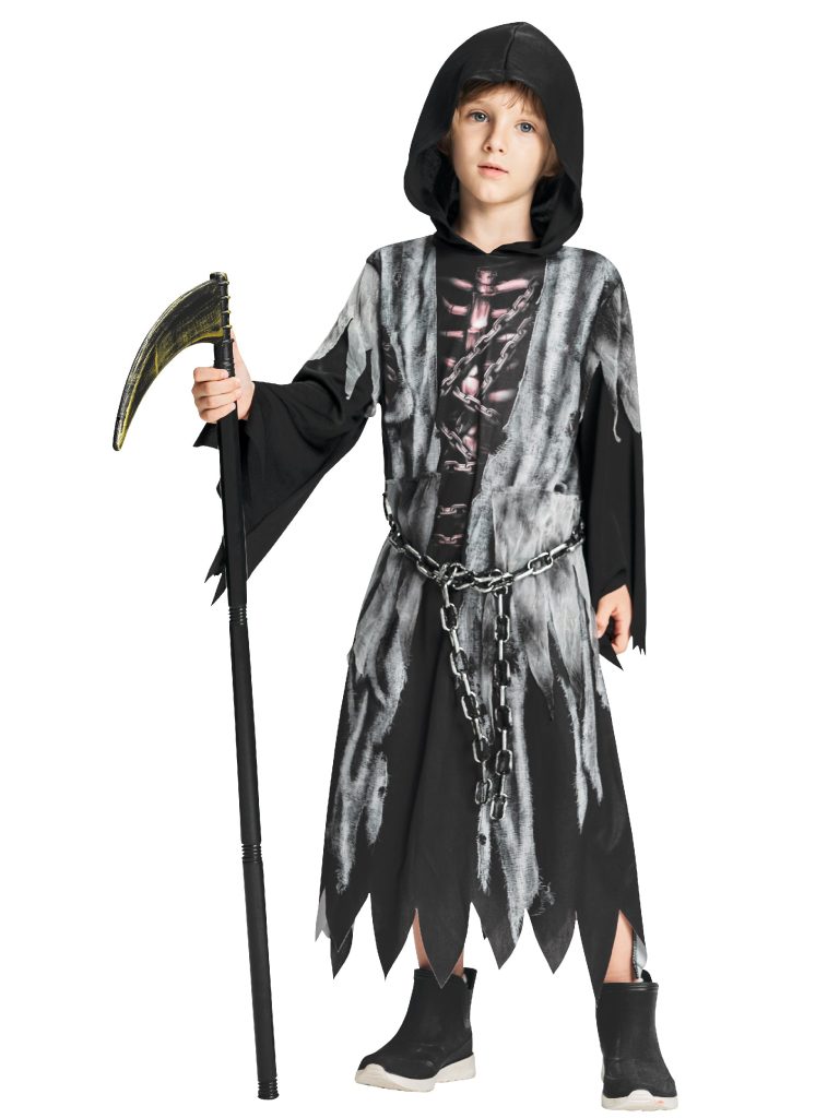 Kids Grim Reaper Robe Scythe Chains Set Halloween Costume