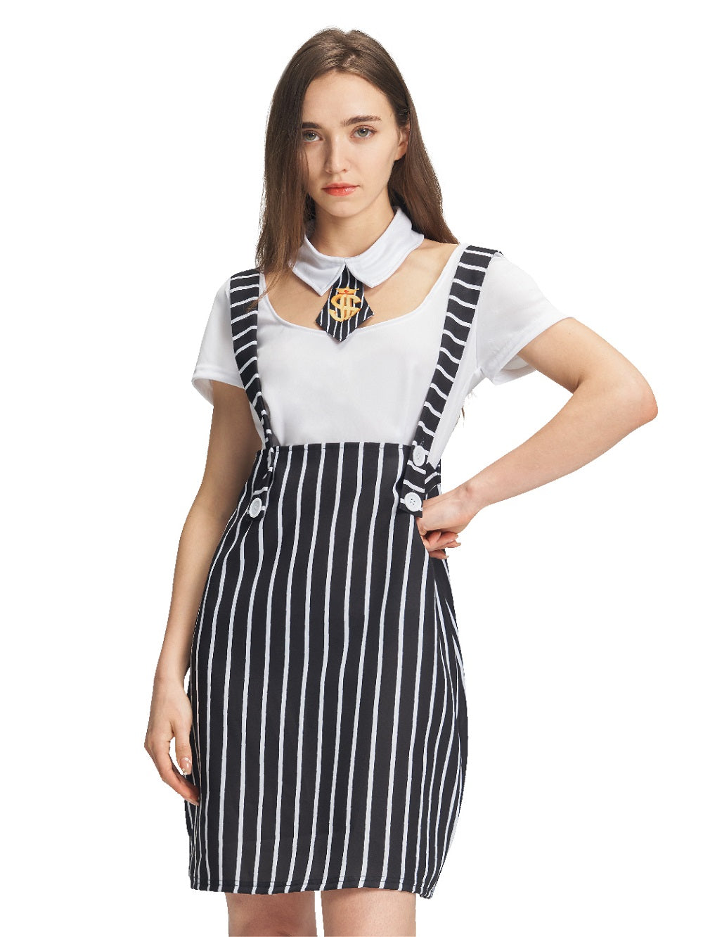 Women Gangster Dress T Shirt Collar Stockings Set Halloween Costume