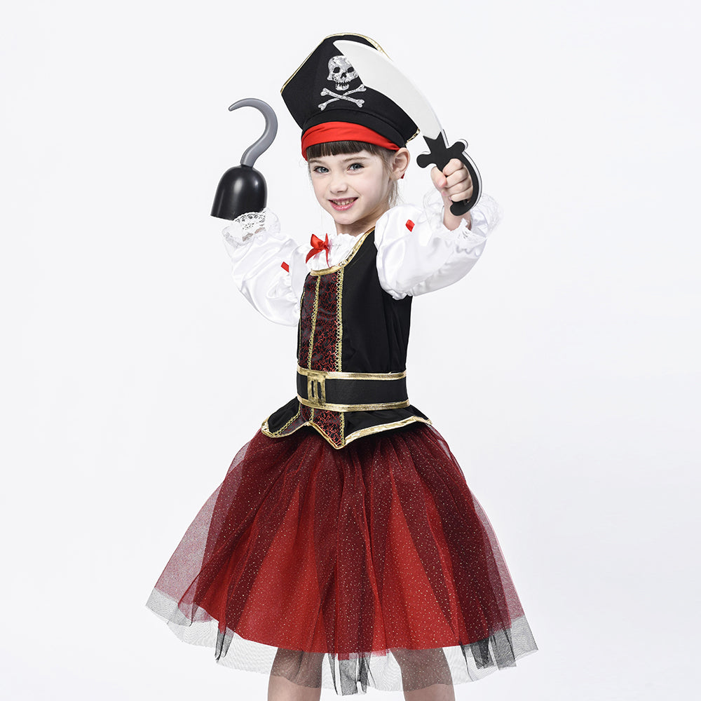 Pirate Costume For Girls, Deluxe Buccaneer Fancy Dress Outfit (4pcs Set)