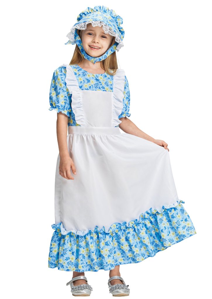 Girls Pioneer Dress Bonnet Set Halloween Costume Blue
