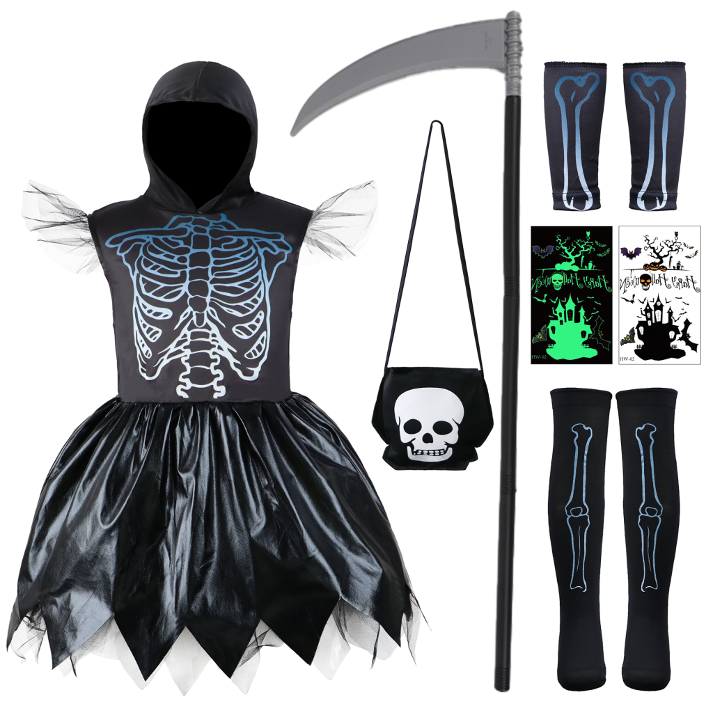 Girls Grim Reaper Dress 7 Pcs Skeleton Costume