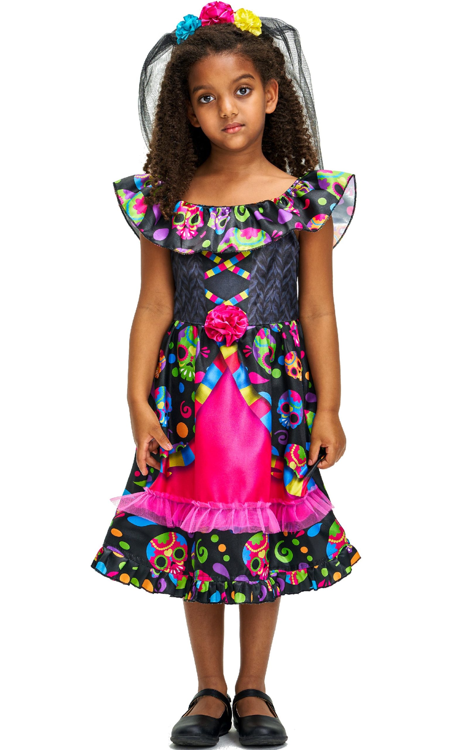 Girls Sugar Skull Dress Headband Set Day Of The Dead Costume