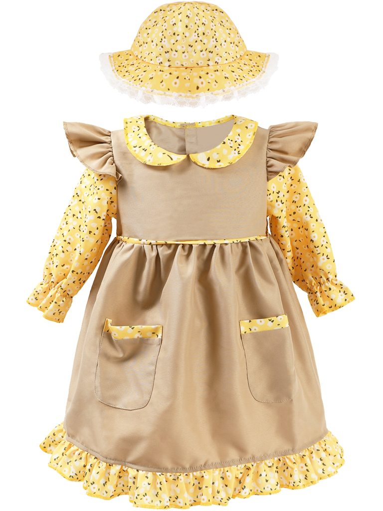Girls Pioneer Dress Hat Set Halloween Costume Khaki