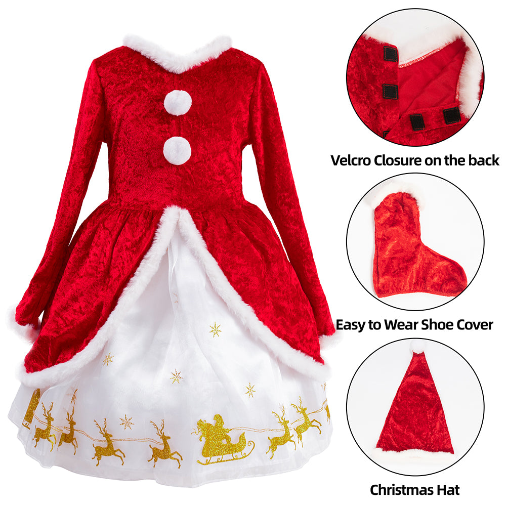 Girls Christmas Costume Dress Hat Shoe-Covers Set
