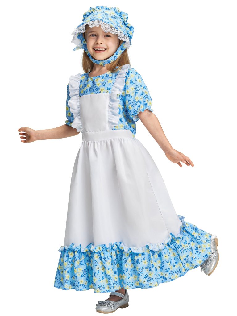 Girls Pioneer Dress Bonnet Set Halloween Costume Blue