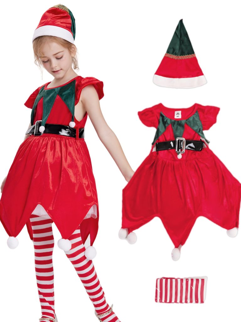 Christmas Elf Costume Suit For Girls, Santa`s Helper 3pcs Toddler Girt For Xmas