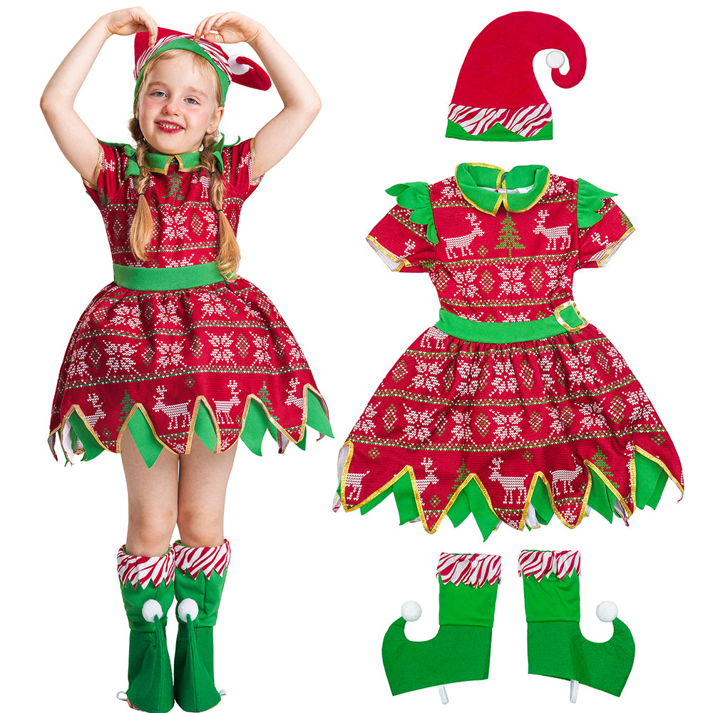 Girls Christmas Elf Costume Dress Hat Shoe-covers Set