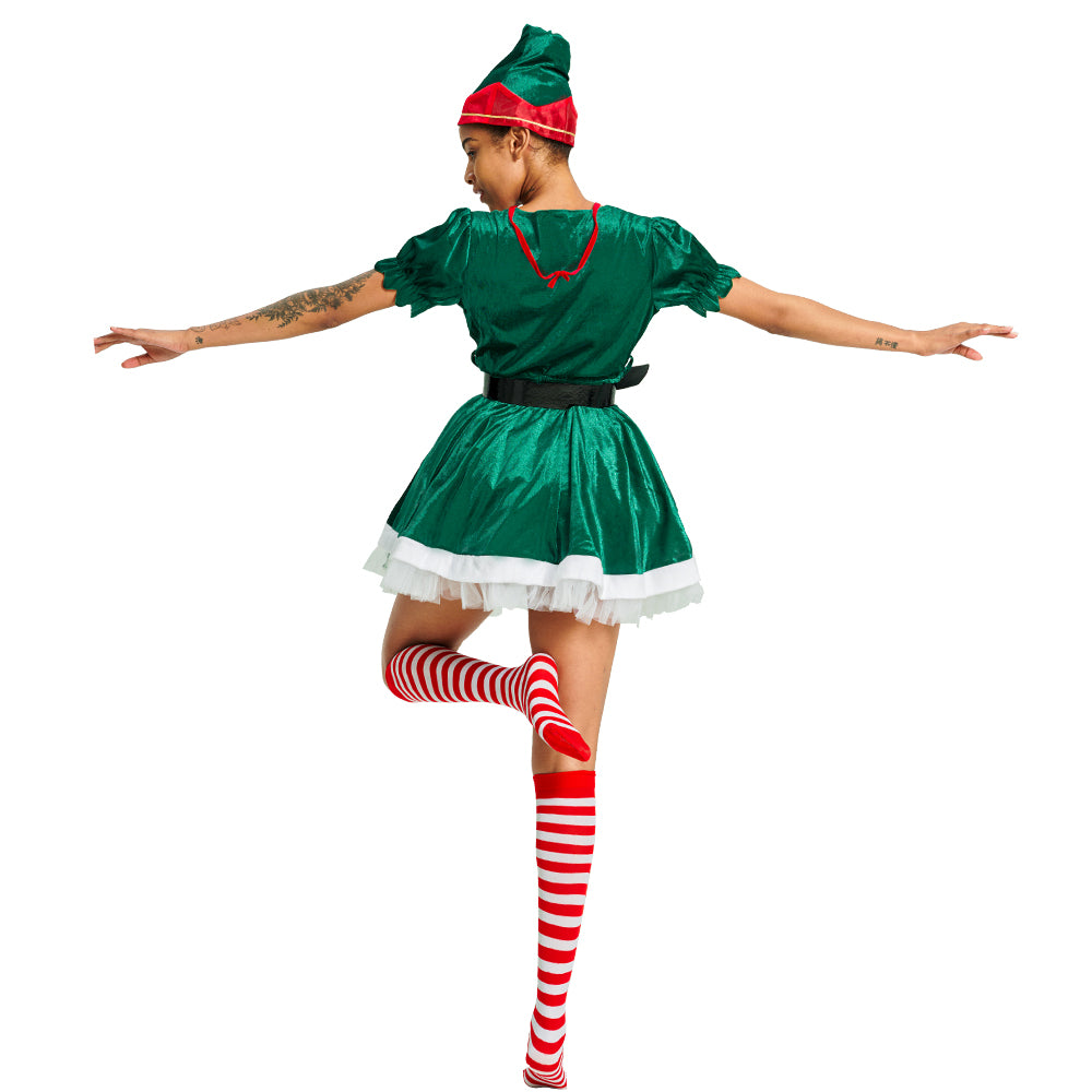 Women Christmas Elf Green Costume Dress Set