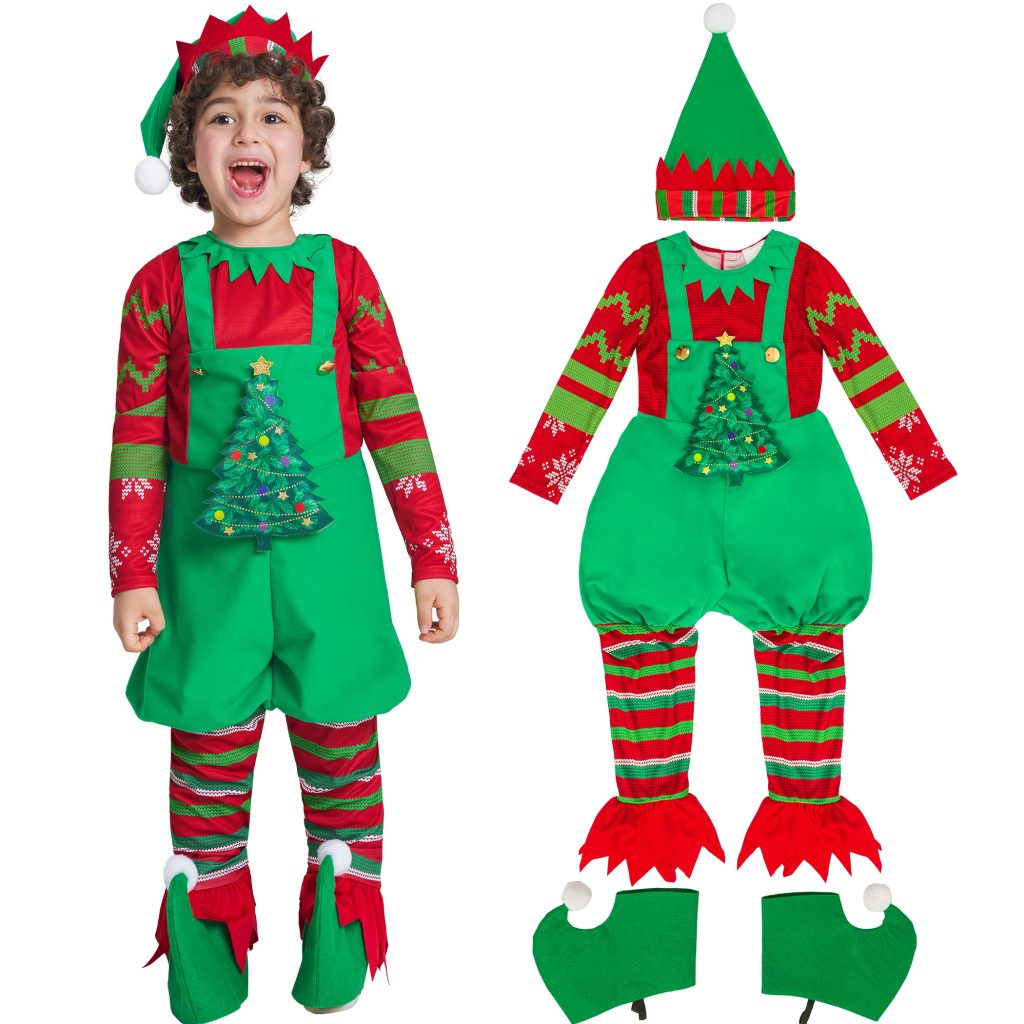 Boys Christmas Elf Costume Jumpsuit Hat Shoe-covers Set
