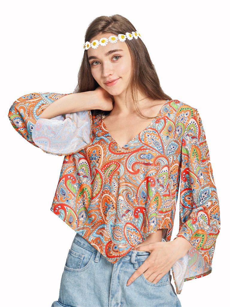 Women 60s Hippie Top Headwear Set Halloween Costume