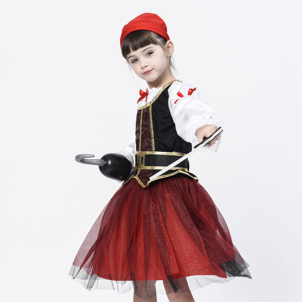 Pirate Costume For Girls, Deluxe Buccaneer Fancy Dress Outfit (4pcs Set)