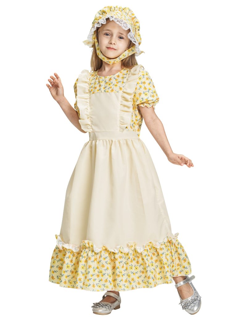 Girls Pioneer Dress Bonnet Set Halloween Costume Yellow