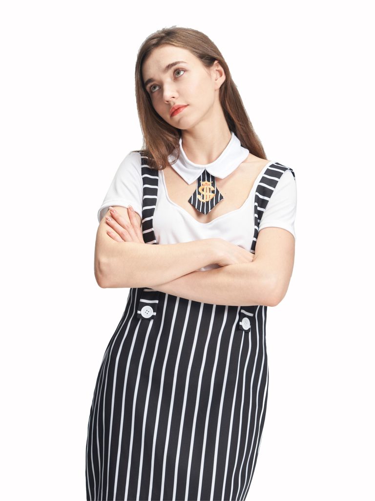 Women Gangster Dress T Shirt Collar Stockings Set Halloween Costume