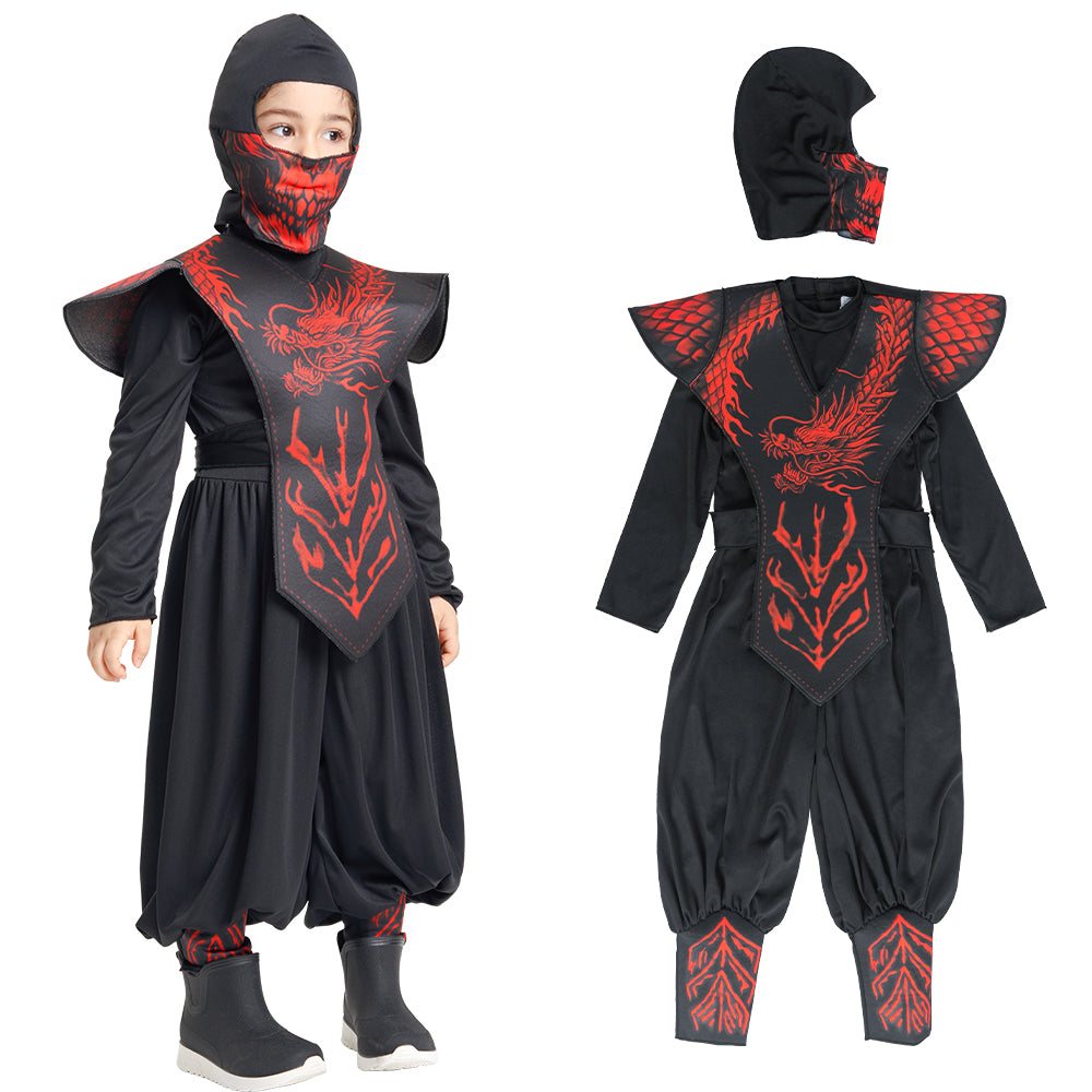 Boys Red Ninja Costume Jumpsuit Mask Cape Set
