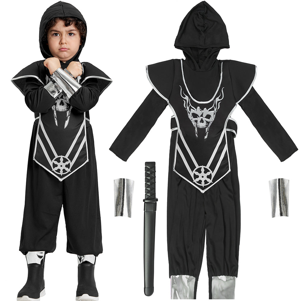 Boys Black Ninja Costume Jumpsuit Katana Cape Set