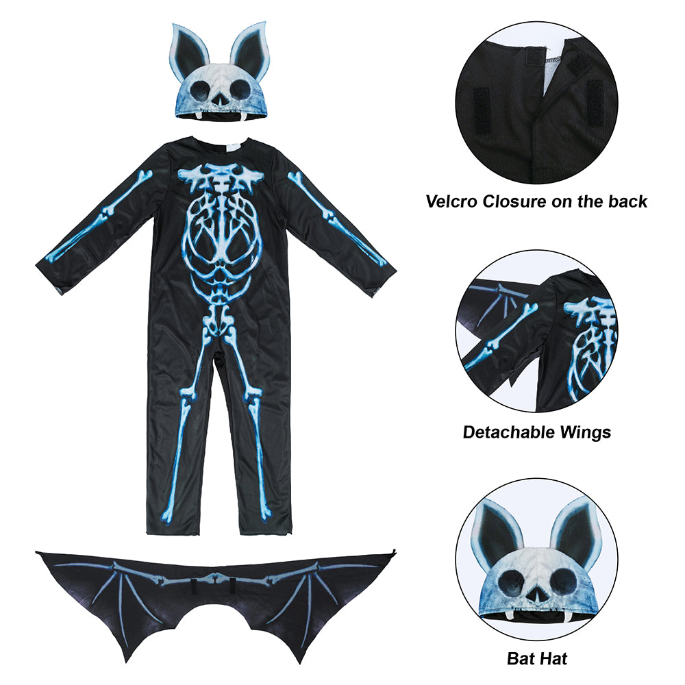 Kids Bat Skeleton Costume Jumpsuit Wings Hat Set
