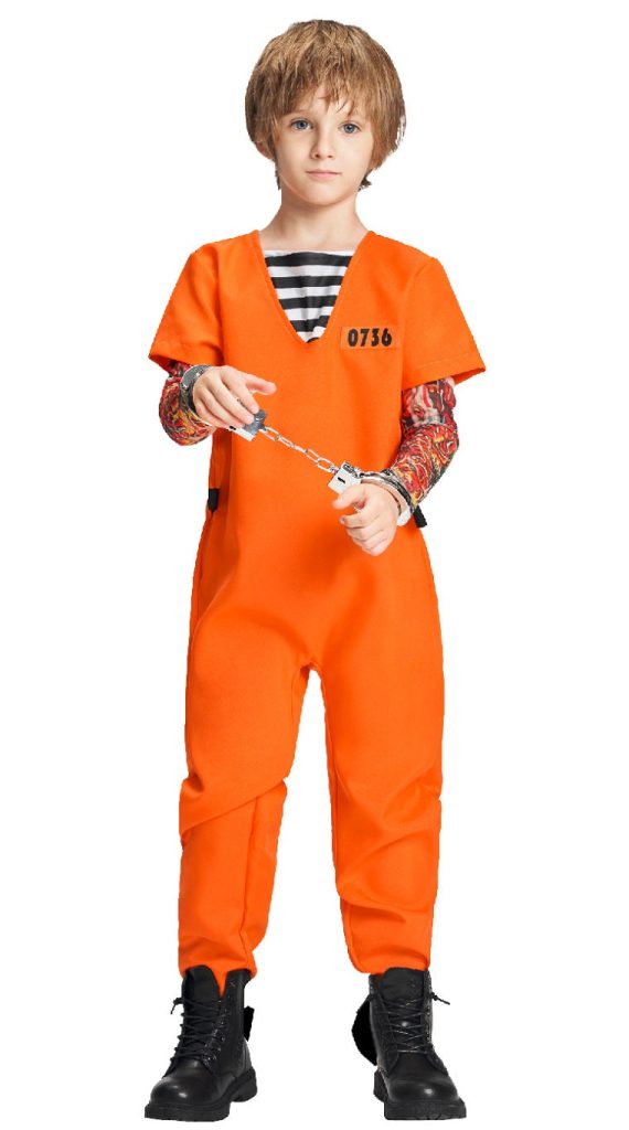 Kids Prisoner Jumpsuit Handcuffs Key Arm Warmers Set Halloween Costume
