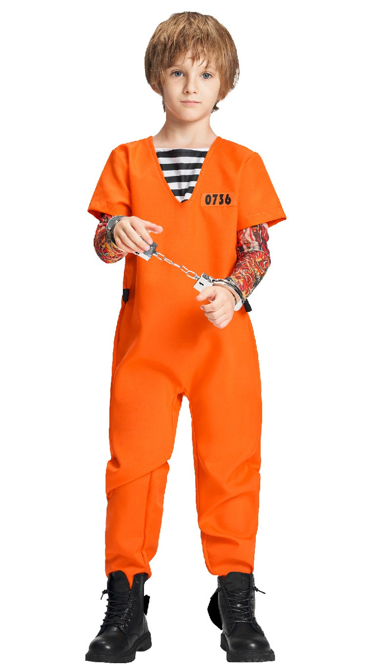 Kids Prisoner Jumpsuit Handcuffs Key Arm Warmers Set Halloween Costume