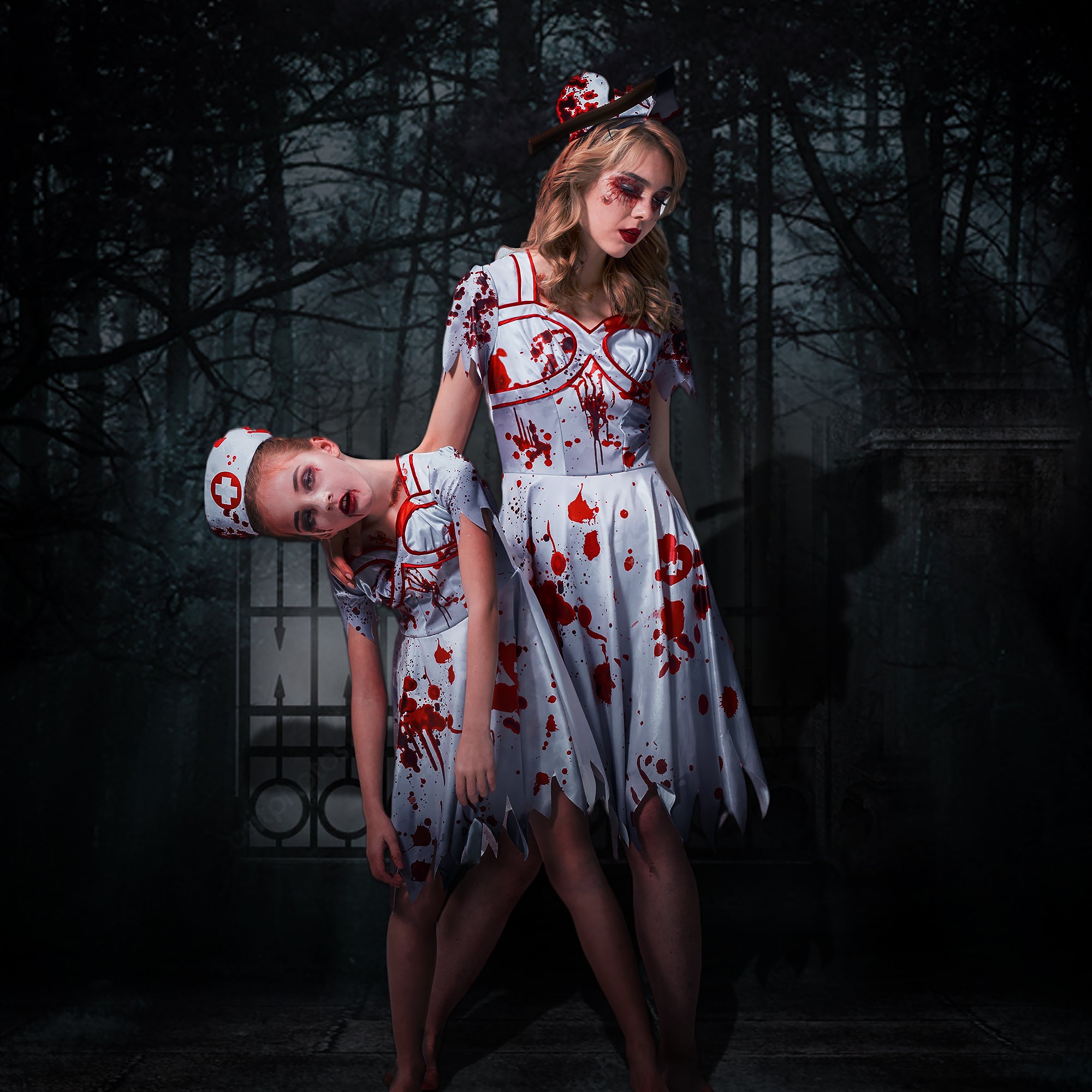 Women Girl Zombie Nurse Costume Adult Mommy And Me Matching Suit 3pcs