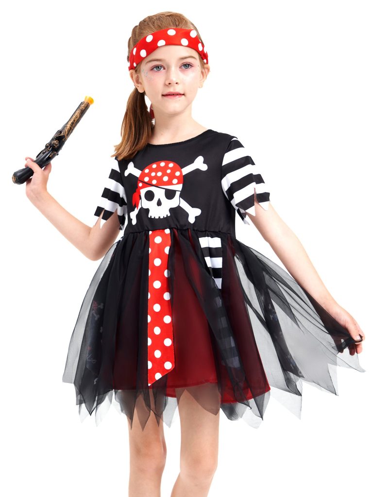 Girls Pirate Buccaneer Costume Dress Toy Gun Headband Set
