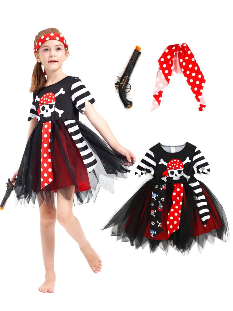 Girls Pirate Buccaneer Costume Dress Toy Gun Headband Set